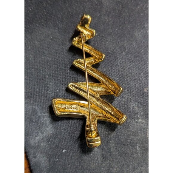 Monet Gold-Tone Christmas Tree Brooch With Clear Rhinestones Festive Spiral  3" - Picture 4 of 6